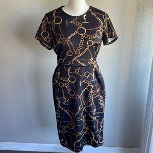 Black Mid Length Slim fitting Stretchy Gold Chain Link Dress Size 8